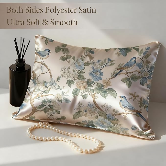 Silk Pillow Case for Hair and Skin Abstract Blue Beige Floral and Bird Standard Size Silk Pillow Case with Zipper Super Soft Pillow Covers for Women Bed Sleeping, 20x26 Inches