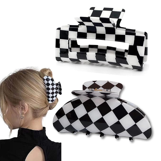 Womens Checkered Hair Clip Large Checkered Claw Clips Black And White Jaw Clip,2pack