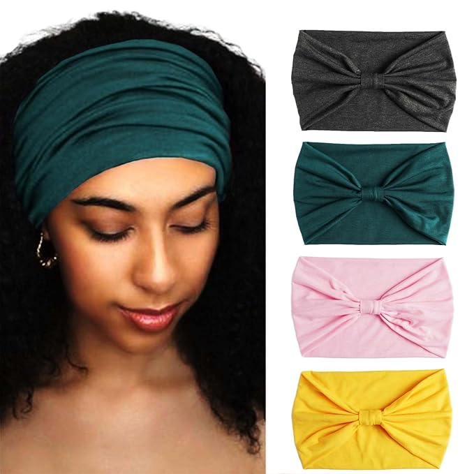 Wide Headbands Stretch Turban Knotted Hairbands Elastic Yoga Workout Sweatband Running Sport Head Scarf Large African Head Wraps for Women 4 Pcs (Set D)