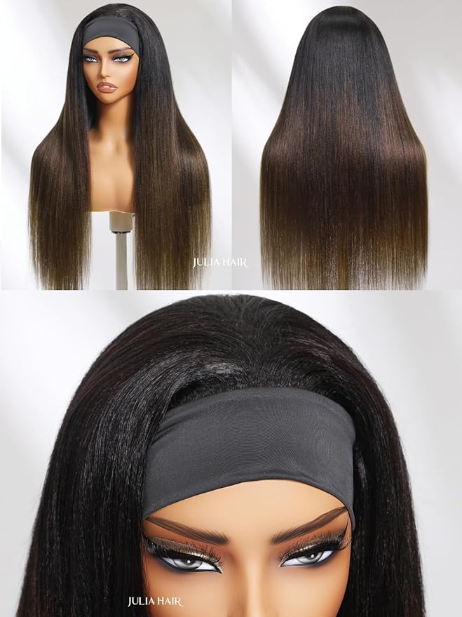 Julia Hair 12A Headband Wig Human Hair Yaki Straight Glueless None Lace Half Wig With Pre-attached Scarf Ombre Chestnut Brown Highlight With Dark Roots for Black Women Put on and Go 20 Inch