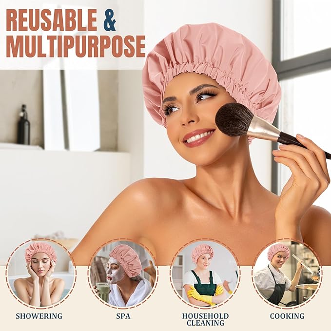Reusable Shower Cap for Women, Stylish Large Waterproof Shower Bonnet Washable Wide Elastic Band Hair Cap for Long Hair, Braids Bath Hat(Blush Pink)