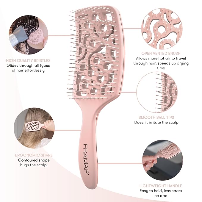 FRAMAR Professional Vented Hair Brush – Curved Hair Brush For Blow Drying, Wet Paddle Brush For Hair, Vent Brush For Blow Drying, Wet Hairbrush For Women – Heat Resistant - Champagne