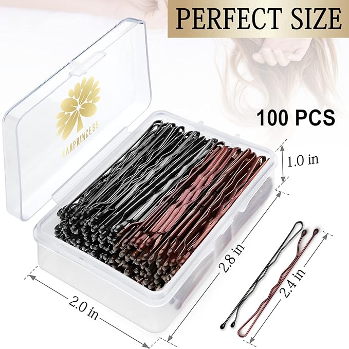100PCS 2.4Inch Bobby Pins Black,Pain-Free Bobby Pins for All Hair Types,Brown Hair Pins for Women Girls,Hairpins for Buns with Box(Black+Brown)