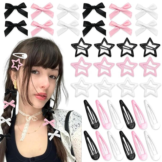 36Pcs Valentine's Day Pink Bow Hair Clips Y2K Star Hair Barrettes for Women Metal Snap Hair Clips Mini Black Satin Hair Bows Water Drop No Slip Hair Pins Accessories for Girls