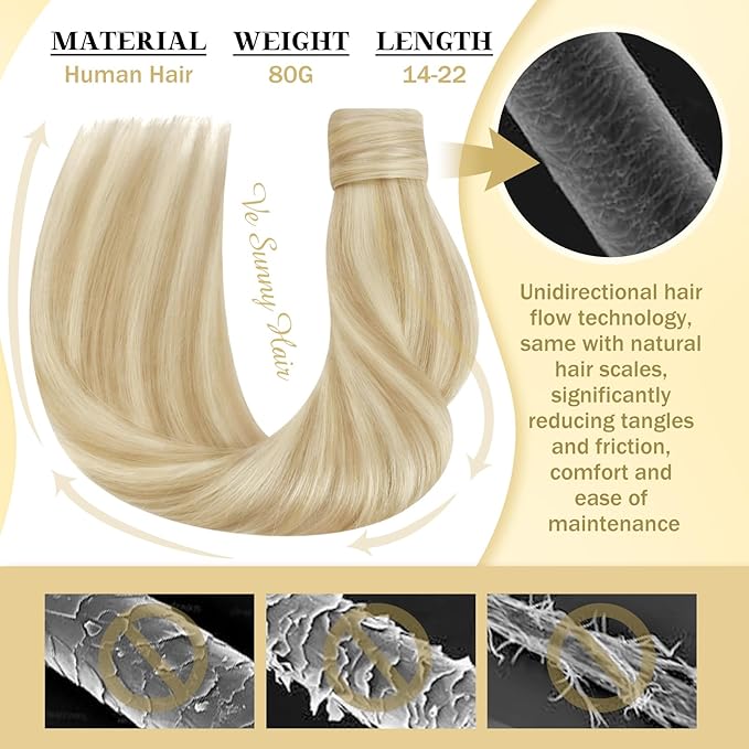 Ve Sunny Hair Extensions Ponytail Real Human Hair 80G Wrap Around Clip in Ponytail Hair Extensions Straight Extensions Human Hair for Women Strawberry Honey Blonde Highlights Bleach Blonde 14inch