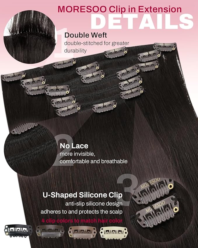 Moresoo Brown Clip in Extensions Remy Double Weft Clip in Human Hair Extensions Straight Hair Extensions for Women Dark Brown #2 7pcs 120g 18inch