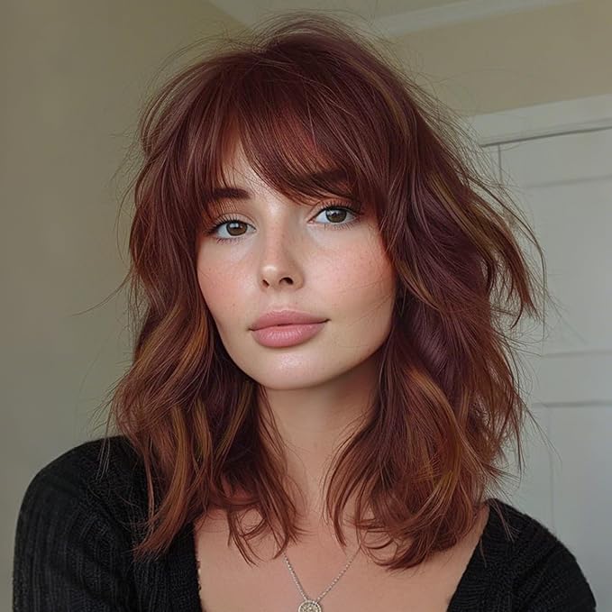 Nnzes Short Wavy Wig with Bangs for Women Shoulder Length Bob Curly Women's Charming Synthetic Natural Wavy Brown highlight Heat Resistant Hair for Daily Party Use