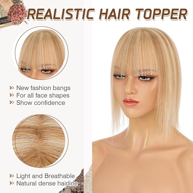 Rich Choices Real Human Hair Toppers for Women With Bang 100% Remy Human Hair Topper for Thinning Hair Clip in Silk Base Hair Topper 16 Inch #12P613 Golden Brown Mix Bleach Blonde