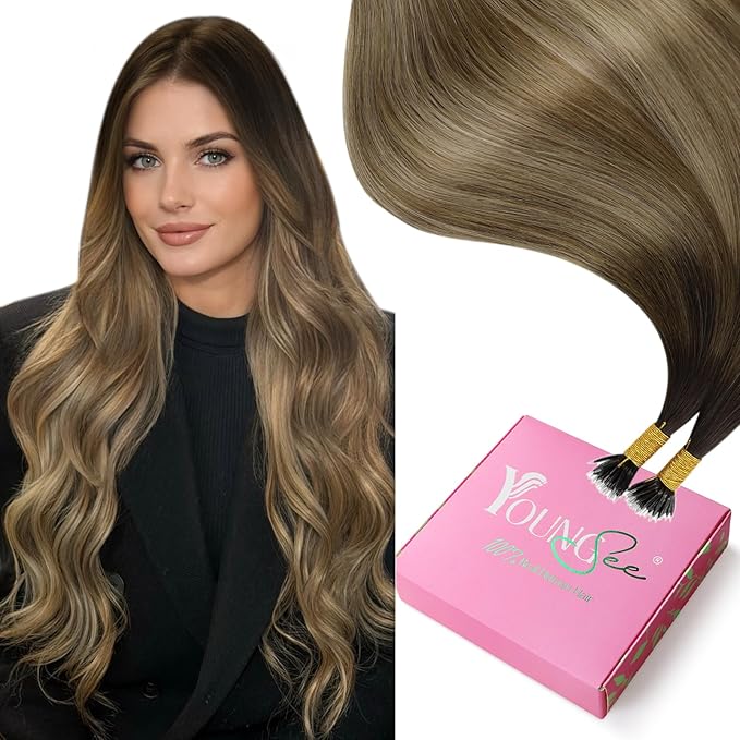 YoungSee Nano Ring Hair Extensions Human Hair Brown Nano Ring Hair Extension Balayage Dark Brown with Blonde Nano-Beads Hair Extension Brown Nano-Tips Remy Hair for Wedding 16inch 1g/s 50g