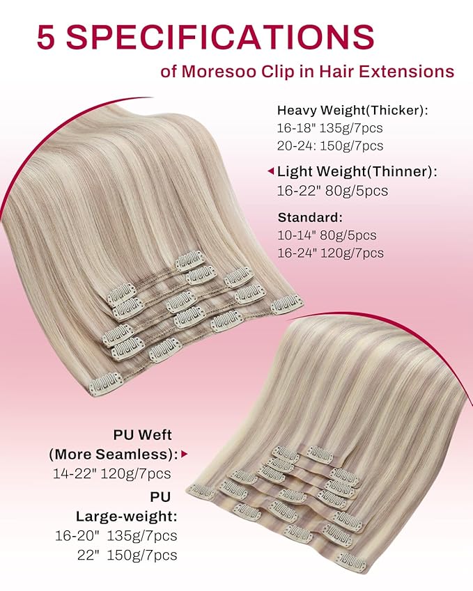 Moresoo Clip in Hair Extensions Real Human Hair Double Weft Human Hair Clip in Extensions Straight Ash Blonde Highlighted with Blonde 5pcs 80g 18inch