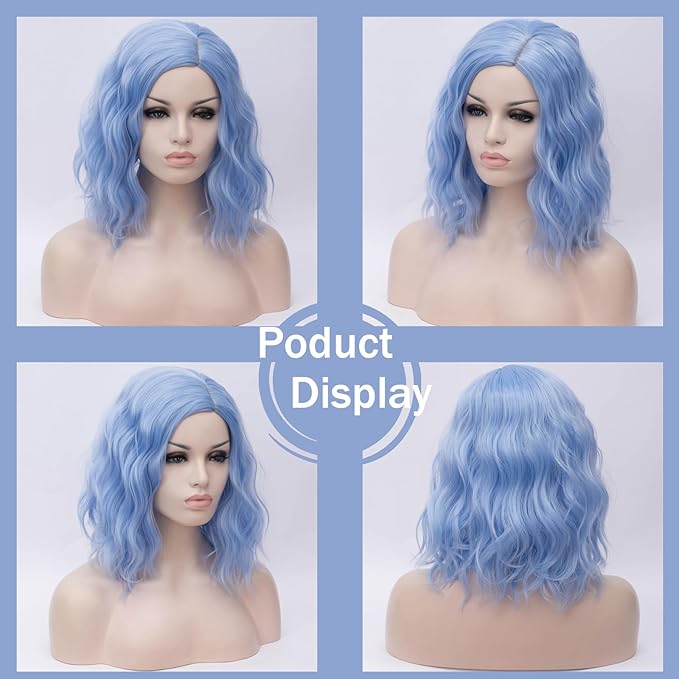 BUFASHION 14" Women Short Light Blue Kinky Straight Cosplay Synthetic Wigs With Air Bangs 46 Colors Available (Light Blue)