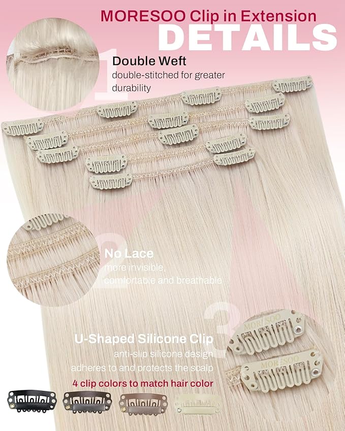 Moresoo White Blonde Clip in Real Hair Extensions Long Human Hair Clip in Extensions Blonde 20 inch Double Weft for Women Remy Human Hair Straight 80g/5pcs