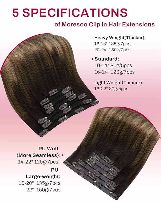 Moresoo 14 inch Clip in Hair Extensions Human Hair Remy Double Weft Human Hair Clip in Extensions Balayage Hair Extensions for Women Ombre Dark Brown to Dark Ash Blonde with Golden Blonde 5pcs 80g