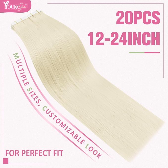 YoungSee Tape in Extensions Platinum Blonde Human Hair Tape in Extensions Blonde Tape in Hair Extensions Human Hair Invisible Tape-in extension Real Human Hair 20 Inch 50g Tapes Extension for Wedding