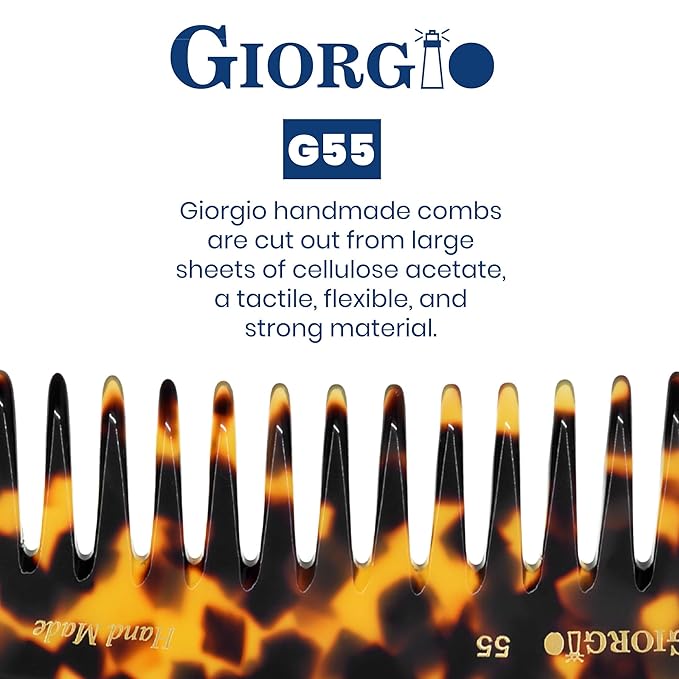 Giorgio G55 Wide Tooth Comb for Wet Hair Detangling Comb, Hair Comb for Thin to Medium Thickness Hair Detangler, Hair Combs for Women, Handmade Large Tooth Comb Rake Comb Saw-Cut and Hand Polished