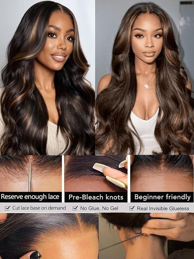 Julia Hair 13x4 Pre Everything Chestnut Brown Highlight Yaki Loose Body Wave Wig With Drawstring Glueless Wigs Human Hair HD Lace Frontal Wig Bleached Knots Ready to Go 20 Inch