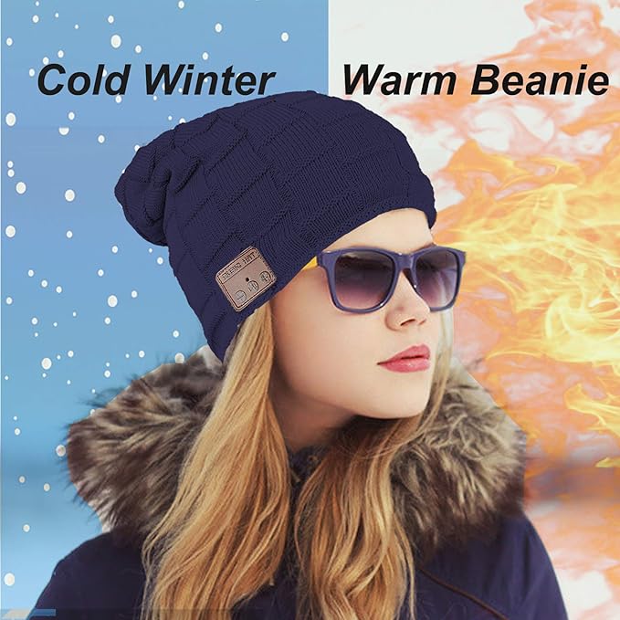 Wireless Music Hat Beanie for Men Women Wireless Headset Headphones Music Audio Boys Girls Winter Cap with Speaker Mic Hands Free Outdoor Sport Stereo Earphone Earpieces Navy Blue