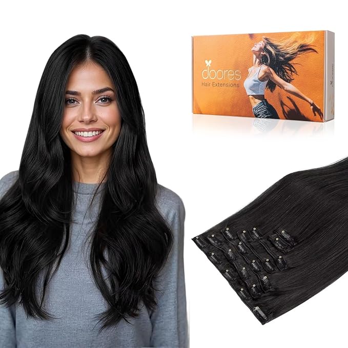 DOORES Hair Extensions Clip in Human Hair, Natural Black 12 Inch 80g 7pcs, Clip in Hair Extensions Remy Weft Natural Straight Weft for Women
