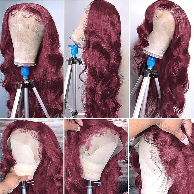 200% Density Burgundy Wig Human Hair 13x4 99j Burgundy Lace Front Wigs Human Hair Pre Plucked HD Transparent Lace Frontal Wigs Red Colored Wig 36Inch
