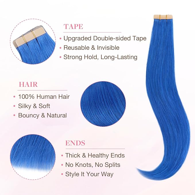GOO GOO Tape in Hair Extensions Human Hair, Blue, 10inch 20g 10pcs, Colored Tape ins Human Hair Extensions, Silky&Soft Invisible Tape Ins, Hair Highlighted for Party