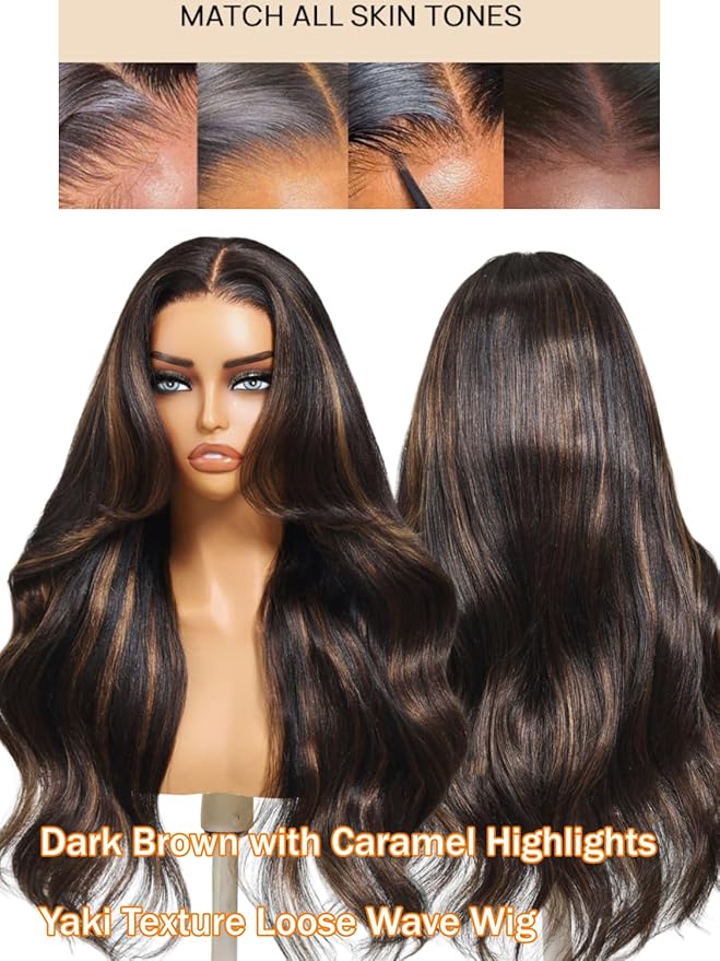 Julia Hair 13x4 Pre Everything Chestnut Brown Highlight Yaki Loose Body Wave Wig With Drawstring Glueless Wigs Human Hair HD Lace Frontal Wig Bleached Knots Ready to Go 26 Inch