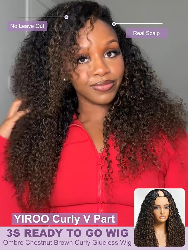YIROO EasiContour V Part Ombre Brown Human Hair Wig Curly 12A Glueless Upgrade U Part Wig Ombre Black to Chestnut Brown No Leave Out V Shape Clip Wigs Ready to Go 150% Density Beginner Friendly 16Inch