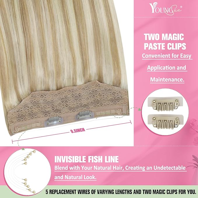 YoungSee Wire Hair Extensions Real Human Hair Balayage Wire Human Hair Extensions Balayage Medium Brown with Caramel Blonde Human Hair Fish Line Extension Ombre 18 Inch 80g