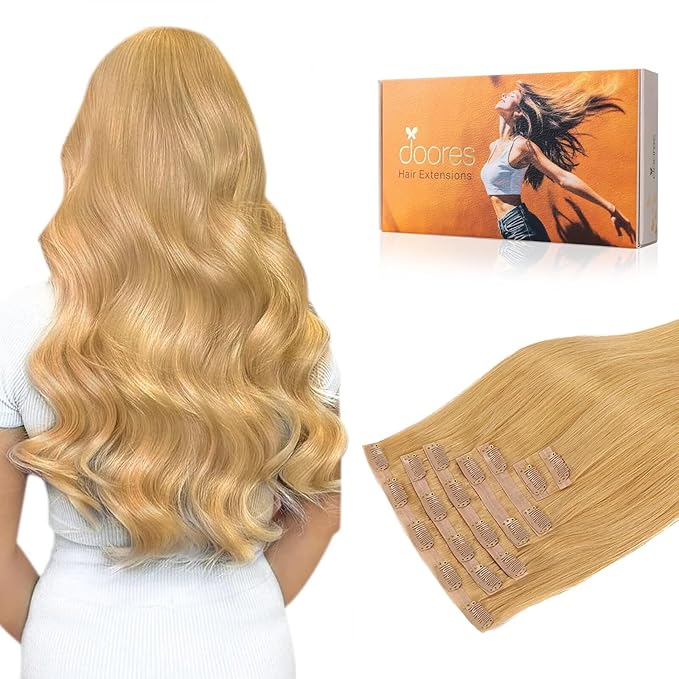 DOORES Seamless Clip in Hair Extensions Real Human Hair, Honey Blonde 110g 7pcs 20 Inch, Extensions Clip in Straight Remy Hair Invisi Edge