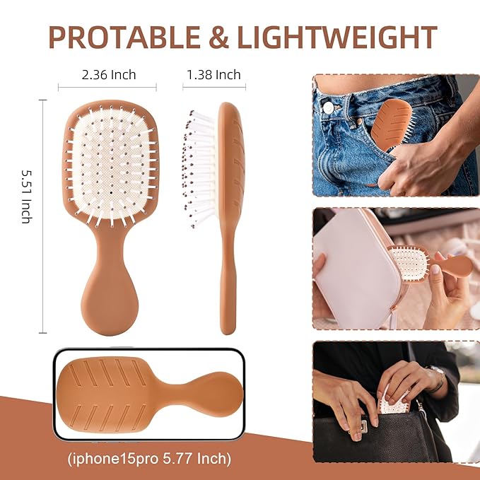 Mini Hair Bursh for Women Men and Kids, Protable Travel Size Hair Brush for Pockets Purses, Mini Detangler Brush for All Hair Types, Small Paddle Brush for Detangling (Brown)