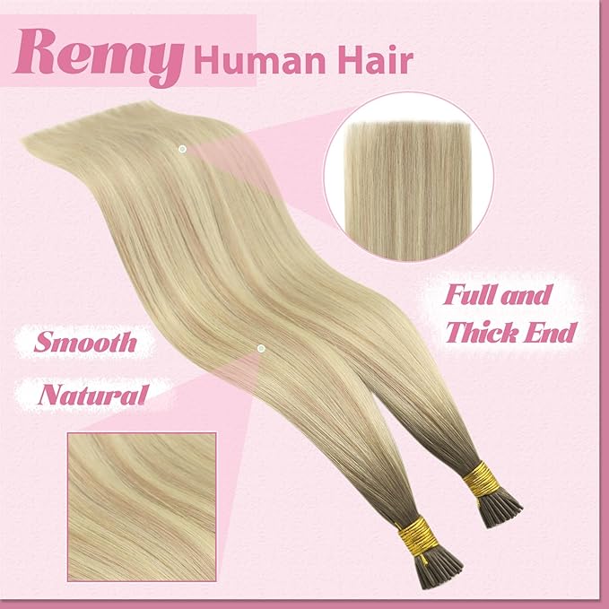 YoungSee Itip Human Hair Extensions Ombre I Tips Hair Extensions Human Hair Balayage Blonde with Platinum Blonde I Tip Extension 22In 50g 50s Invisible Hair Extension for Wedding