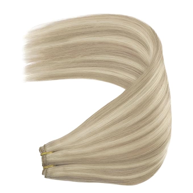 YoungSee Blonde Hair Extensions Weft Highlights Warm Ash Blond Mix Bleach Blonde Weft Extensions Human Hair Dyable Sew in Hair Extensions Real Human Hair for DIY 20Inch 100G