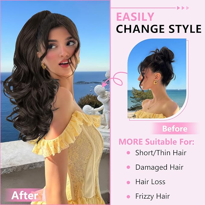 ALXNAN Ponytail Extension,18 Inch Claw Clip in Long Curly Wavy Black Brown Ponytail Hair Extension Jaw Clip on Pony Tails Hairpiece for Women