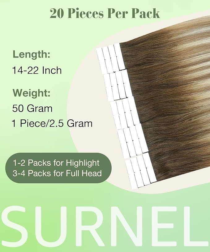 SURNEL Tape in Hair Extensions Balayage #3/8/22 Darker Brown to Ash Brown mixed Blonde Tape in Hair Extensions Human Hair 20 inch 20pcs 50g(#3/8/22-20)