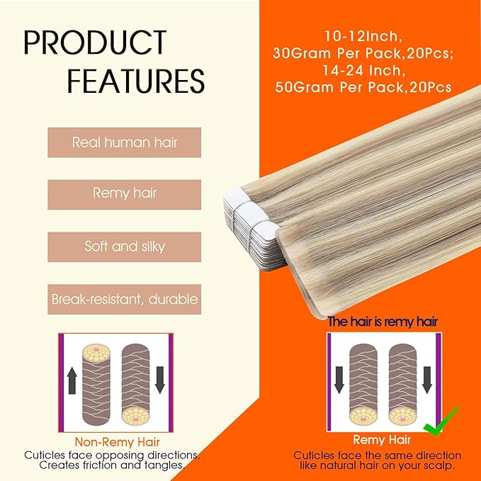 Full Shine Highlight Blonde Injection Tape in Hair Extensions Color 18/613 Remy Tape in Human Hair Extensions 16Inch Straight Natural Seamless Skin Weft Extension 40Gram 20Pcs for Women