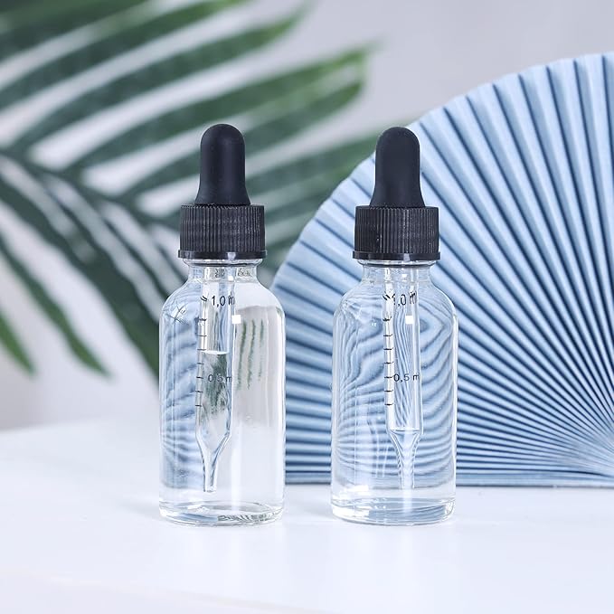 1 oz Dropper Bottle 48 Pack Clear Glass Boston Bottles 30ml with Eye Droppers Black Caps for Essential Oils, Perfume, Leak Proof Travel Bottles for Liquids