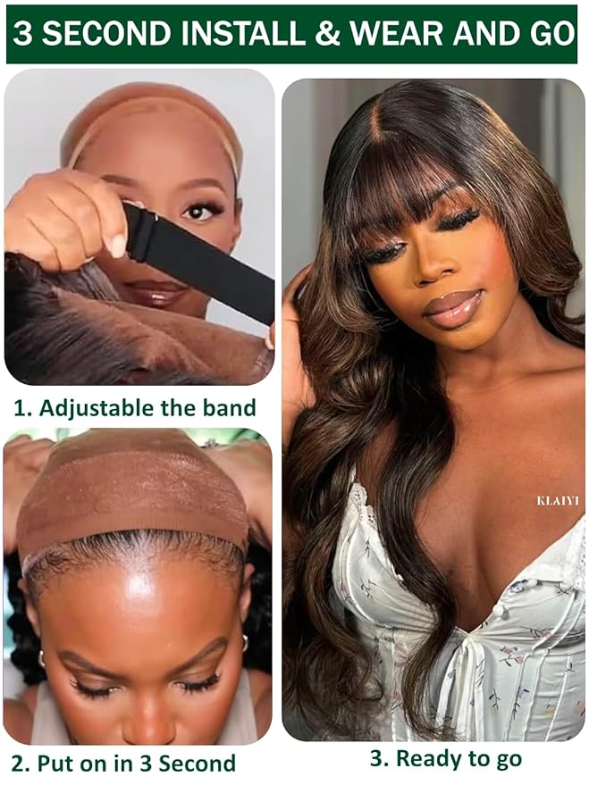 KLAIYI Ombre Brown Loose Body Wave Bye Bye Knots Glueless Precut 7x5 HD Lace Front Human Hair Bang Wig Drawstring Highlight Balayage Brown Pre Plucked Bleached 30S Ready to Wear and Go Wig 180% 26Inch