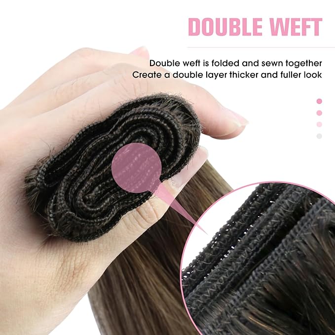 YoungSee Weft Hair Extensions Balayage Sew in Hair Extensions Dark Brown Ombre Caramel Blonde Mix Brown Human Hair Weft Extensions for Women 16Inch 100G