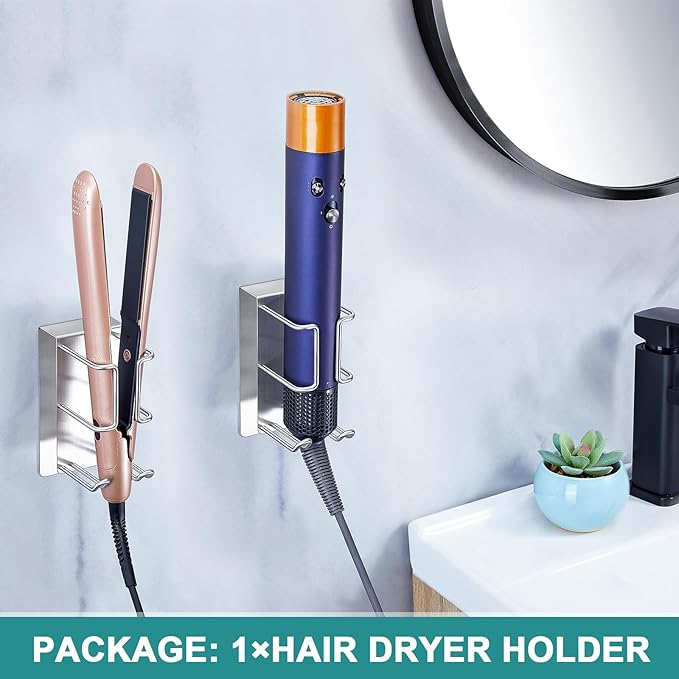 Blow Dryer Holder Wall Mount Hair Dryer Holder, Adhesive Straightener Holder, Curling Iron Holder for Bathroom Salon Barber Shop, Flat Iron Holder, Hair Tools Organizer Storage (Silver)
