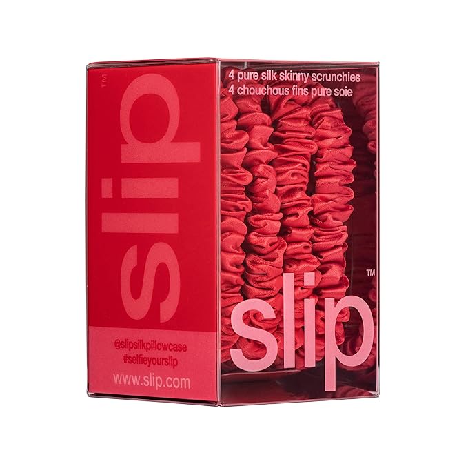 slip Skinny Scrunchies: Anti-Crease, Anti-Breakage Slipsilk™ Design Protects Delicate Hair | Includes 4 Pure Silk Scrunchies: Red