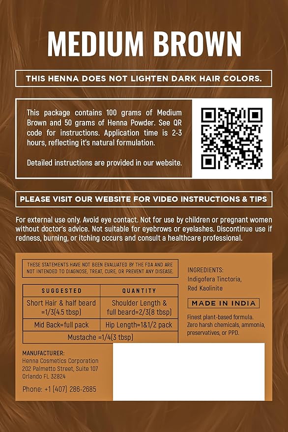 Natural Henna Hair Color Dye, 100% Pure Henna Powder for Hair Growth Organic (Medium Brown, 100 Gr + Free 50 Gr.)