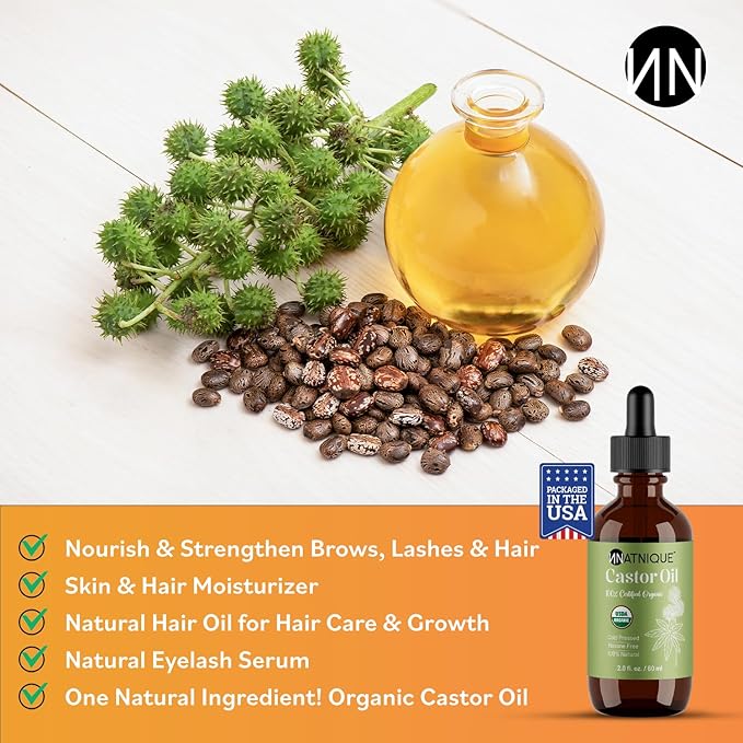 Natnique Castor Oil – USDA Certified Organic, 100% Pure Cold Pressed Unrefined Oil for Hair Growth, Eyelashes, Eyebrows & Scalp – Natural Skin Moisturizer, Lash Serum & Hair Treatment (2 Oz)