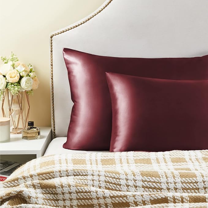 BEDELITE Satin Pillowcase with Zipper, Burgundy King Size Pillow Cases Set of 2, Super Soft and Cooling Similar to Silk Pillow Cases, Gift for Women Men(20x36 Inches)