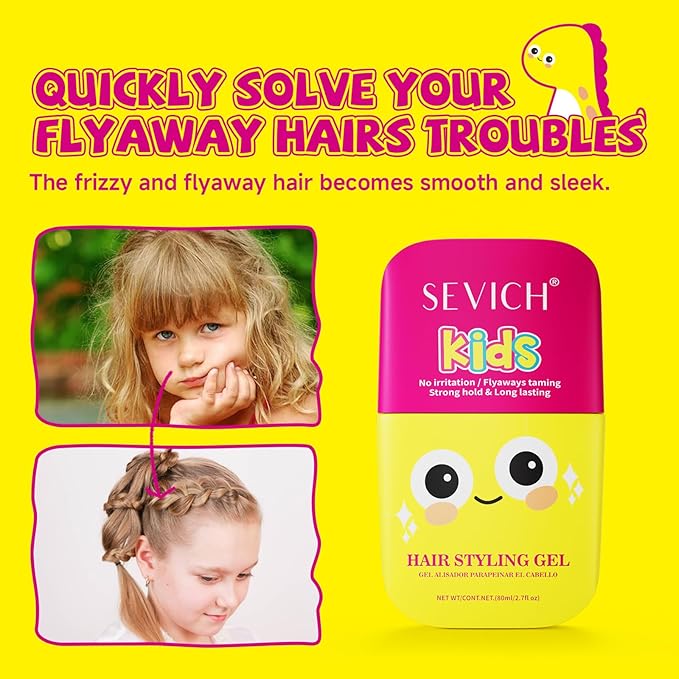 SEVICH Kids Hair Gel for Girls & Boys 80ml - Hair Finishing Stick Styling Gel for Kids, Plant-Based Formula with Comb Design, Frizz Control & Easy Wash (Cartoon Bottle)
