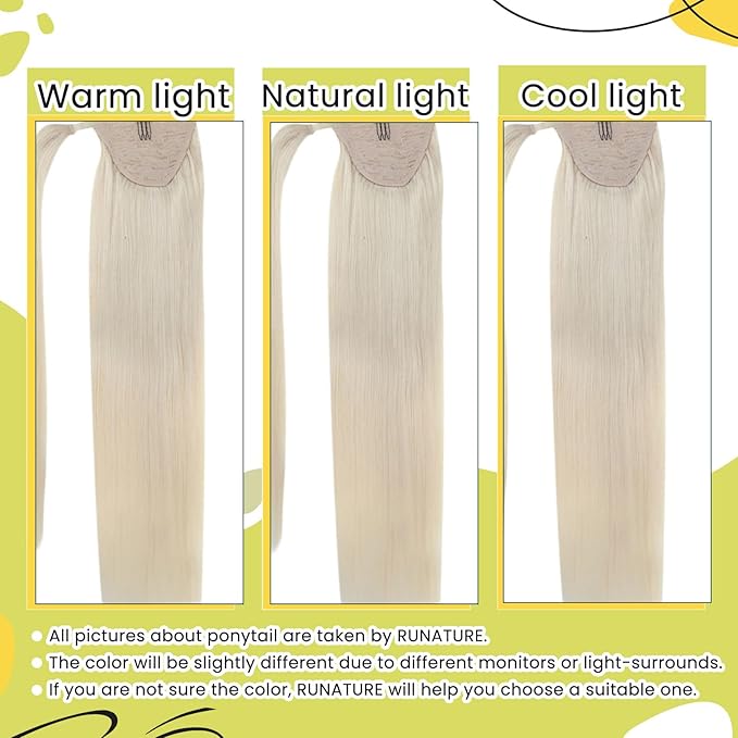 RUNATURE Blonde Ponytail Extension Human Hair, Real Hair Ponytail Extension, Human Hair Ponytail Wrap Around, Straight Remy Hair, Natural Looking For Daily Wearing, 18 Inch 80g #800 Platinum Blonde