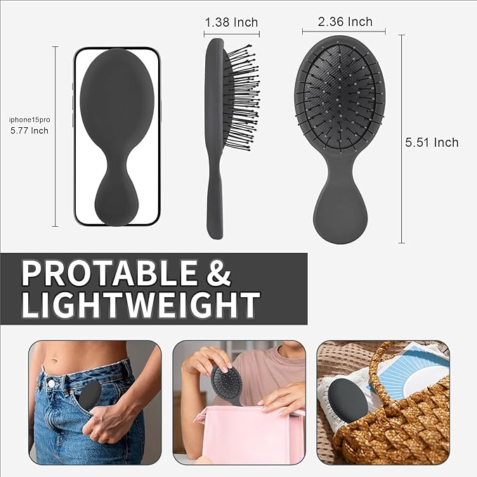 Mini Hair Bursh for Kids Women and Men, Protable Travel Size Hair Brush for Pockets Purse backpack,Mini Detangler Brush for All Hair Types, Small Hair Brush for Detangling(1 Pack-Black)