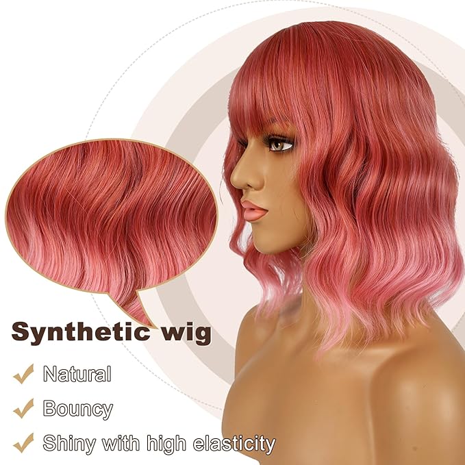 Short Bob Wigs with Bangs for Women Loose Wavy Wig Curly Wavy Shoulder Length Bob Synthetic Cosplay Wig for Girl Colorful Costume Wigs (Dark Pastel Pink)
