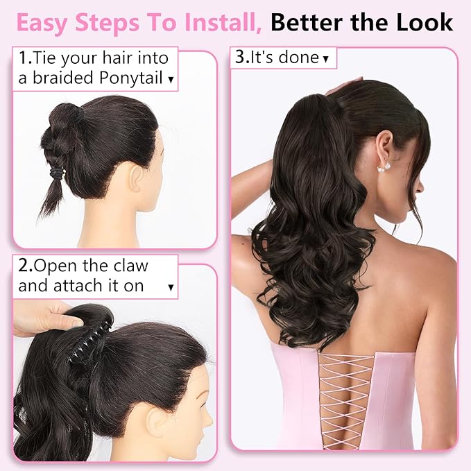 ALXNAN Ponytail Extension,18 Inch Claw Clip in Long Curly Wavy Black Brown Ponytail Hair Extension Jaw Clip on Pony Tails Hairpiece for Women