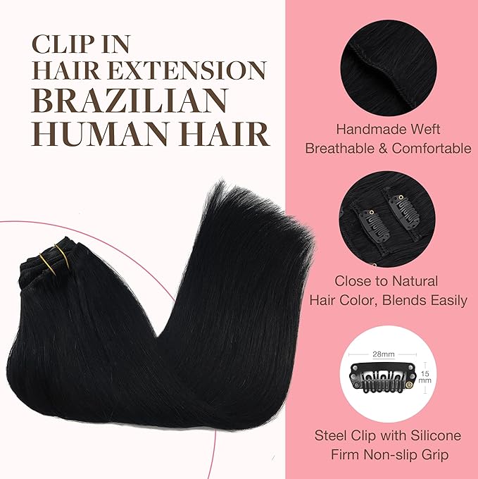 GOO GOO Clip in Hair Extensions Real Human Hair, Remy Human Hair Extensions Clip ins for Women, Natural Human Hair, 26inch 180g 7Pcs, #1 Jet Black