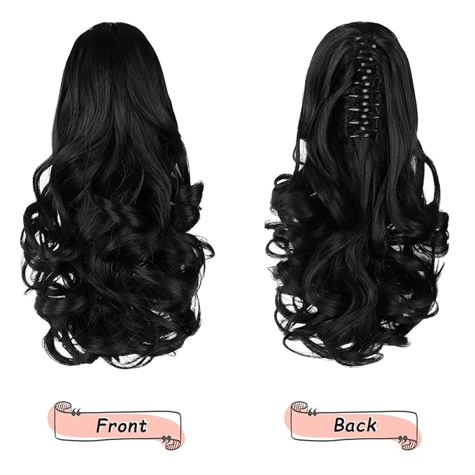 Ponytail Extension, Clip on Ponytails for Women, 12" Claw Clip in Short Curly Wavy Pony Hair Extension for Women - Natural Black