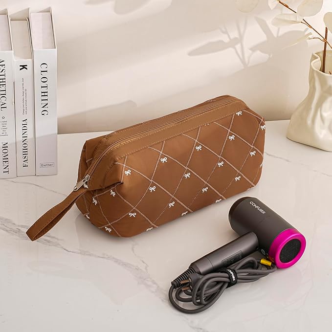 Large Quilted Hair Tools Travel Bag with Bow Pattern,Waterproof Hair Styling Accessories Storage Case for Shark FlexStyle, Dyson Airwrap Hair Dryer, Curling Iron, Revlon Hair Tools(Brown)